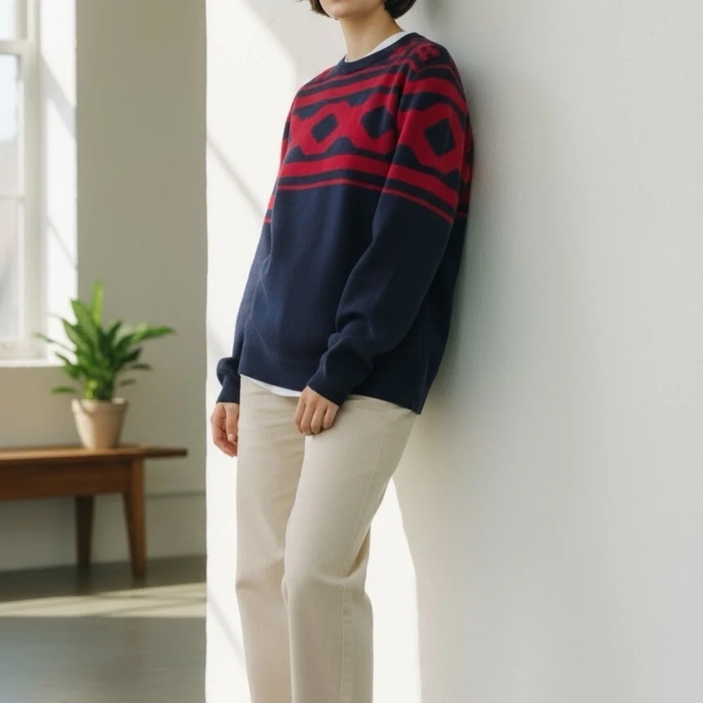 Basement Navy & Burgundy Red Crewneck Sweater Ugly Xmas Sweater Streetwear Men’s